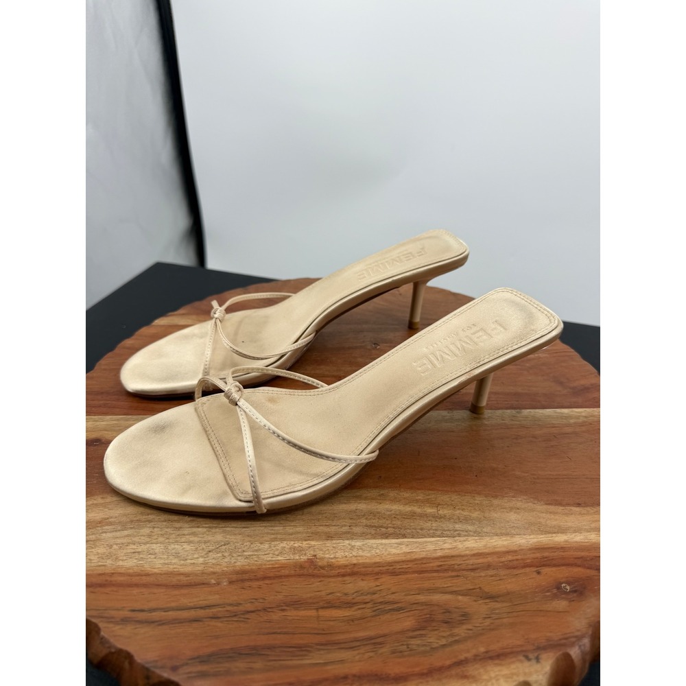 Femme LA Maeve slipper Kitten Heel Sandal 38 8 Champagne Satin Strappy Knot Mule - Picture 3 of 7